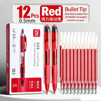 Retractable Red Gel Pens 12 Pack 0.5mm Bullet Tip with 20 Refills, Smooth Ink Pens for Student Office Supplies