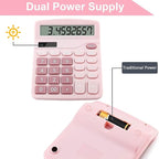 Office Calculators Desktop, 12-Digit Dual Power Cute Calculator with Large LCD Display Big Button for Office Home and School (Pink)