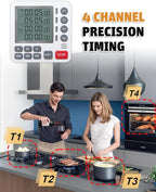 TPNEG Digital Kitchen Timer - 4-Channel Cooking Timer with Alarm, Magnetic Back, Loud & Silent Modes, Count Up/Down, Ideal for ovens, Seniors, Kids and classrooms, Replaceable AAA Battery