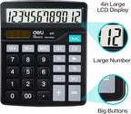 Calculator, Deli Standard Function Desktop Calculators with 12 Digit Large LCD Display and Sensitive Button, Solar Battery Dual Power Office Calculator, Black