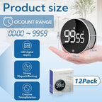 12 Pack Digital Kitchen Timer - Magnetic Kitchen Timer Visual timers Large LED Display Countup Timer 3 Volumes, 2 Brightness LevelsExtensively Use in Break Time, Cooking,Gym, Meeting, Classroom（Black）