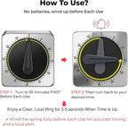 Searon Kitchen Timers for Cooking, Mechanical Wind Up Timer with Loud Ring, Magnetic Back, No Battery Needed, Stainless Steel Countdown Timer for Cooking and Baking